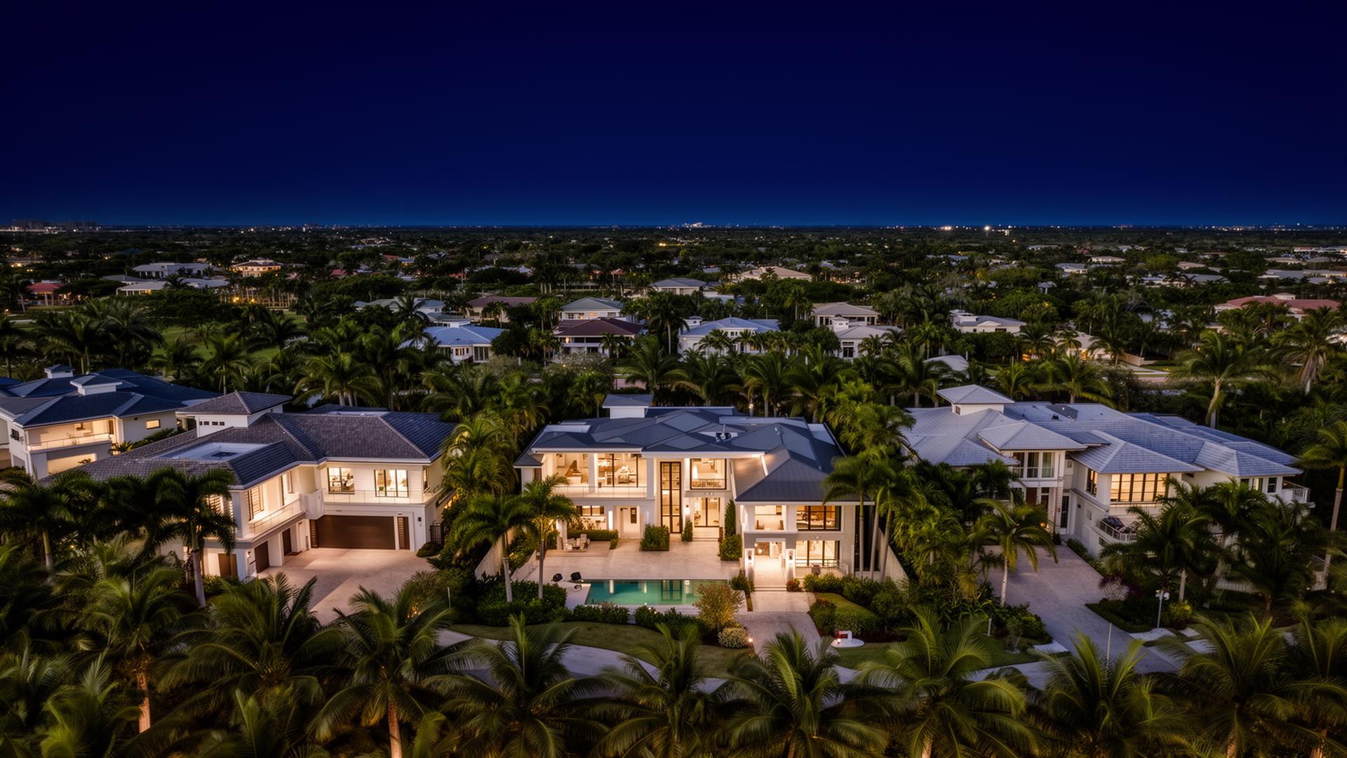 Aerial view of Florida residential properties at twilight